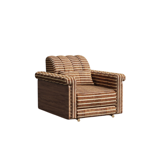 Luxury Oversized Plaid Upholstered Accent Chair, Modern Vintage Lounge Chair with Wood Side Panels, Deep Seat Armchair for Living Room, Bedroom, Balcony, Reading Corner, Antique Brass Tone Base