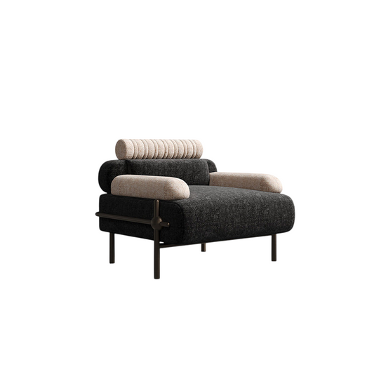 Modern Oversized Upholstered Accent Chair, Black and Beige Lounge Armchair with Bolster Back Pillow, Deep Seat Single Sofa Chair for Living Room, Bedroom, Reading Nook, Balcony, Antique Brass Tone Metal Frame