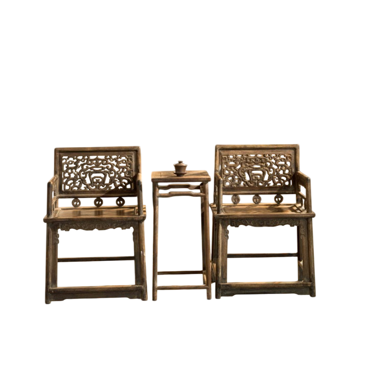Antique Style Solid Wood Armchair Set with Tea Table, 3 Piece