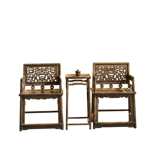 Antique Style Solid Wood Armchair Set with Tea Table, 3 Piece