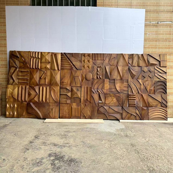 Large Abstract Wood Wall Art, Hand Carved 3D Geometric Wall Sculpture