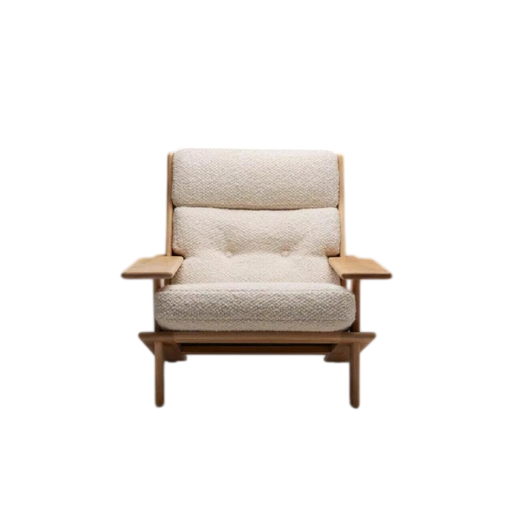 Boucle Accent Chair with Solid Ash Wood Frame, Cream Upholstered High Back Lounge Chair, Modern Nordic Armchair, Single Sofa Chair for Living Room, Bedroom, Reading Nook, Hotel, and Guest Room