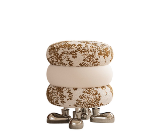 Round Upholstered Vanity Stool, Cream and Brown Jacquard Accent Ottoman with Chrome Legs, Modern Makeup Chair, Bedroom Stool, Dressing Room Seat, Entryway Shoe Stool, and Footrest Pouf
