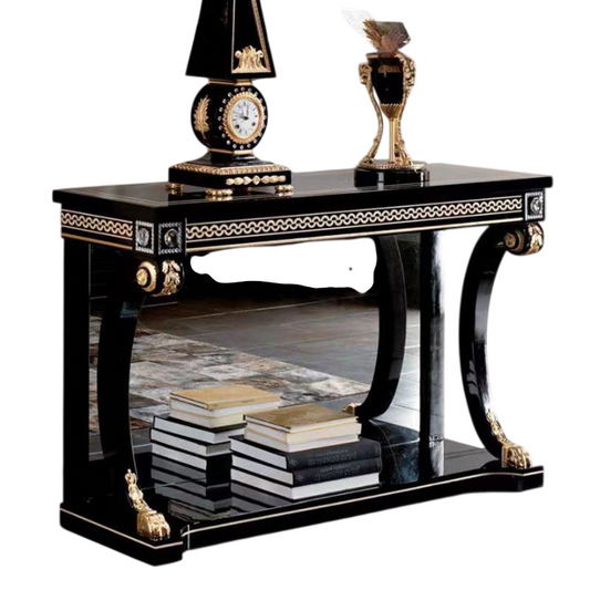 Black Console Table with Gold Accents and Lower Display Shelf