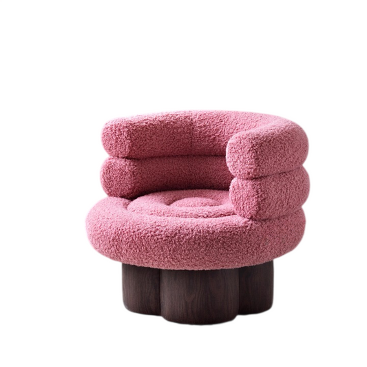 Pink Boucle Swivel Accent Chair with Plush Round Seat and Wood Base