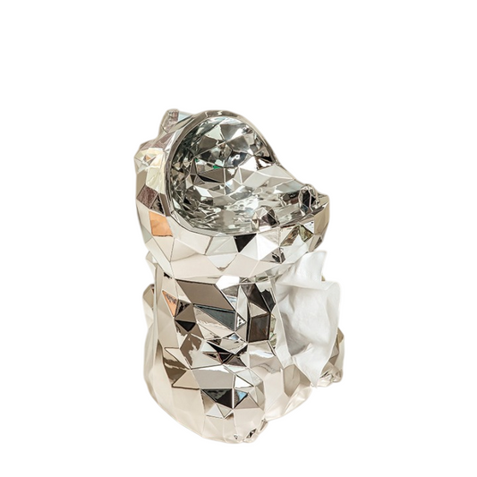 Silver Geometric Dinosaur Tissue Box Cover, Faceted Resin Facial Tissue Holder with Reflective Metallic Finish, Decorative Napkin Dispenser for Living Room, Bedroom, Bathroom, Office and Coffee Table