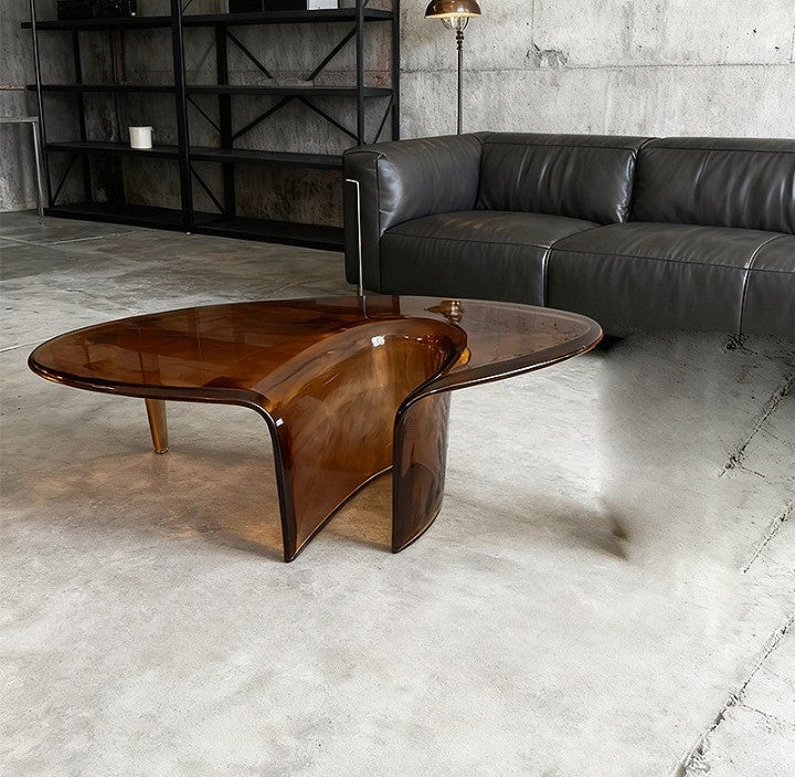Brown Resin Coffee Table, Organic Waterfall Cocktail Table for Living Room, Modern Transparent Accent Center Table for Apartment, Lounge and Reception Area
