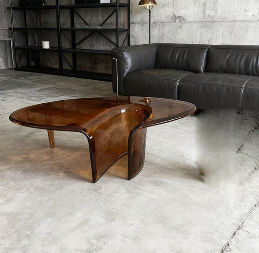 Brown Resin Coffee Table, Organic Waterfall Cocktail Table for Living Room, Modern Transparent Accent Center Table for Apartment, Lounge and Reception Area