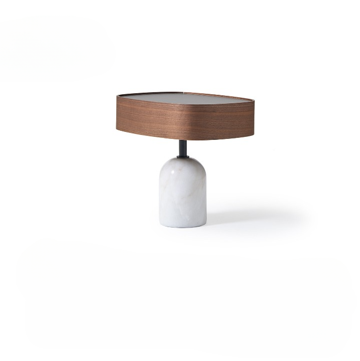 Modern Wood Nightstand with Marble Base, Italian Minimalist Bedside Table, Walnut Veneer and Leather Accent Side Table, Luxury Oval End Table for Bedroom, Living Room, Sofa Side