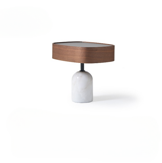 Modern Wood Nightstand with Marble Base, Italian Minimalist Bedside Table, Walnut Veneer and Leather Accent Side Table, Luxury Oval End Table for Bedroom, Living Room, Sofa Side