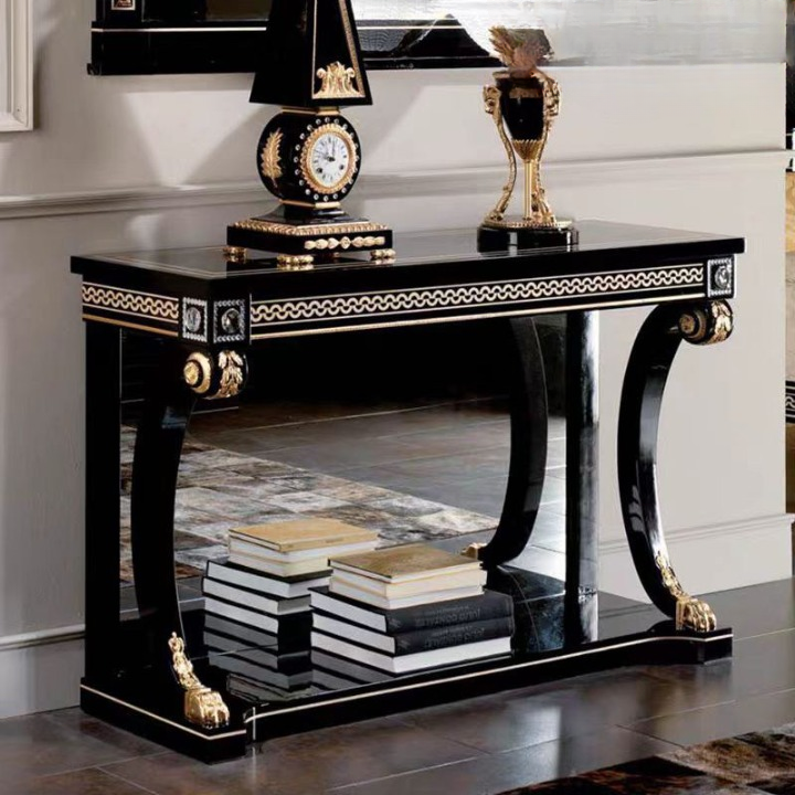 Black Console Table with Gold Accents and Lower Display Shelf