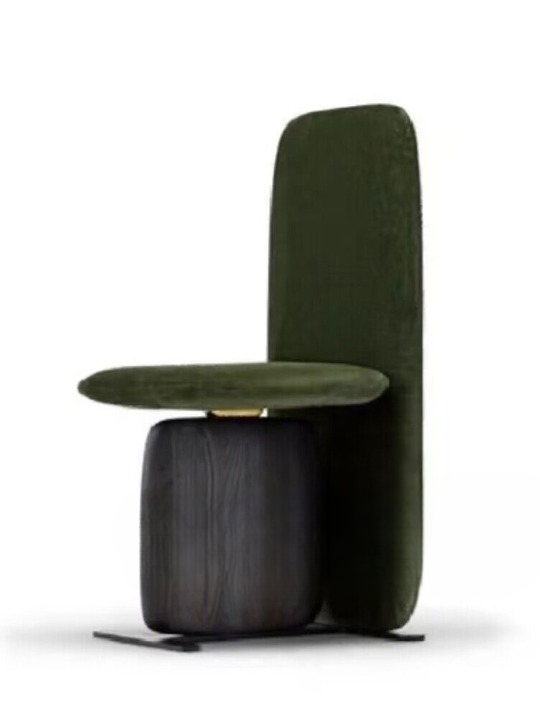 Dark Green High Back Upholstered Dining Chair, Modern Sculptural Accent Chair with Round Seat, Wood Look Base and Metal Support Frame, Minimalist Chair for Dining Room, Study Desk, Bedroom, Cafe, Living Room, and Lounge Space