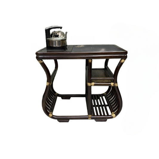 Smart Tea Table with Electric Kettle, Storage Shelves, Wood and Rattan Base
