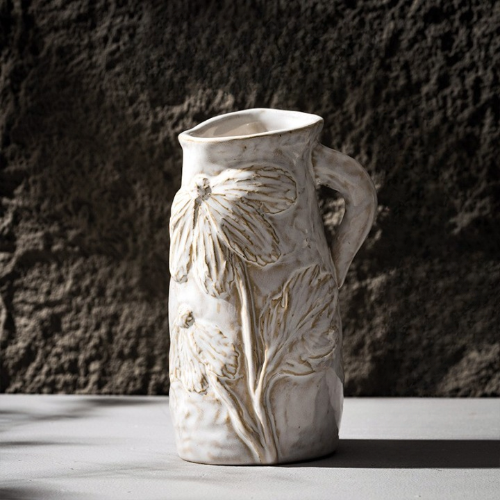 White Ceramic Pitcher Vase with Floral Relief for Dried Flowers