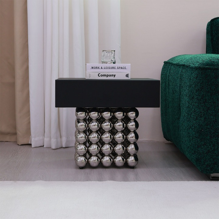 Black Nightstand with Stainless Steel Sphere Base and Drawer