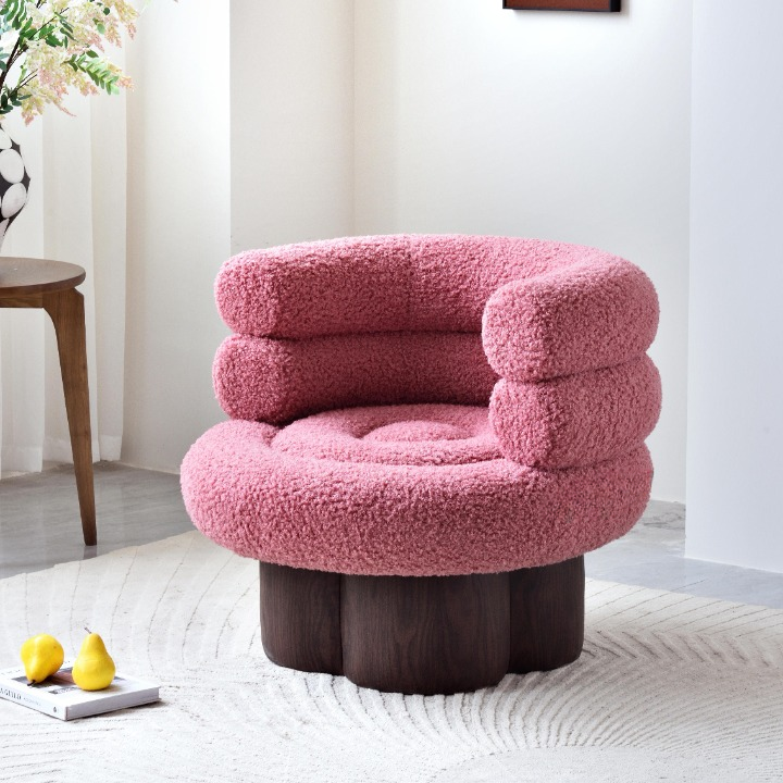 Pink Boucle Swivel Accent Chair with Plush Round Seat and Wood Base