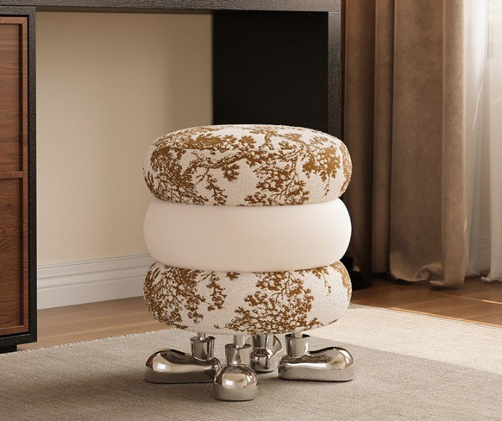 Round Upholstered Vanity Stool, Cream and Brown Jacquard Accent Ottoman with Chrome Legs, Modern Makeup Chair, Bedroom Stool, Dressing Room Seat, Entryway Shoe Stool, and Footrest Pouf