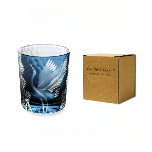 Blue Crane Etched Whiskey Glass, Decorative Cut Style Rocks Tumbler with Gift Box, Artistic Old Fashioned Glass for Bourbon, Cocktails, Water, Home Bar, Kitchen, Bar Cart Display