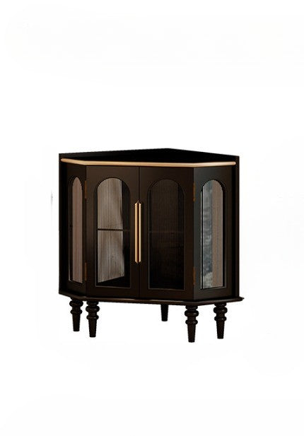 Black Corner Storage Cabinet with Fluted Glass Doors, Solid Wood Frame