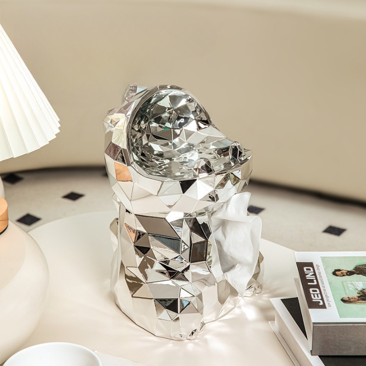 Silver Geometric Dinosaur Tissue Box Cover, Faceted Resin Facial Tissue Holder with Reflective Metallic Finish, Decorative Napkin Dispenser for Living Room, Bedroom, Bathroom, Office and Coffee Table