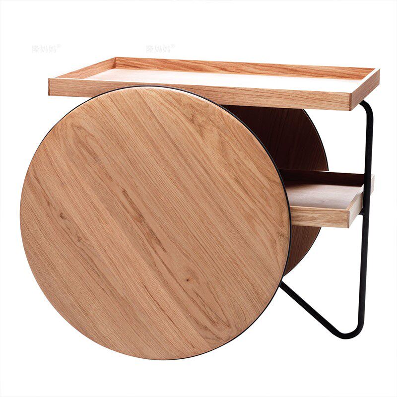 Natural Wood Bar Cart Style Side Table, Stationary Beverage and Wine Storage Cabinet with Iron Frame, Tray Top and Fixed Wheel Design for Living Room, Dining Room and Kitchen