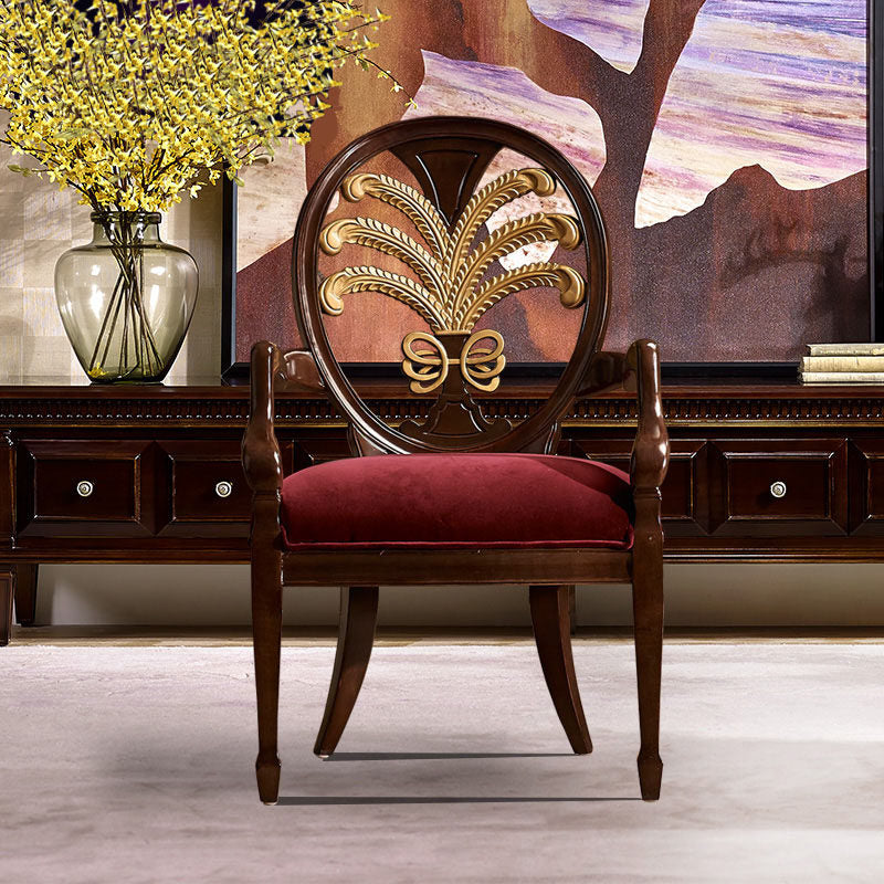 Burgundy Upholstered Dining Chair, Solid Wood Armchair with Round Open Back and Gold Fan Detail, Vintage Accent Chair for Dining Room, Living Room, Study, Cafe, Reception