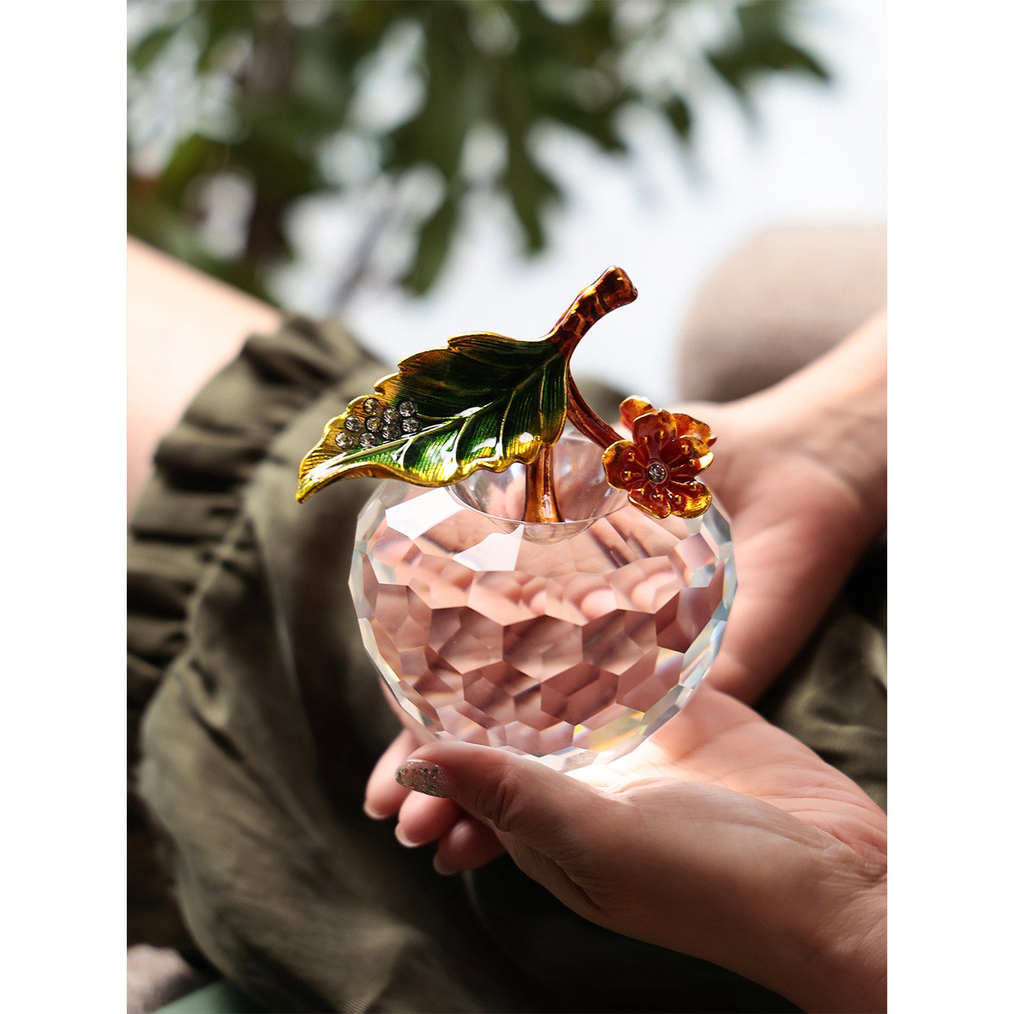 Crystal Apple Figurine with Enameled Leaf, Decorative Glass Paperweight