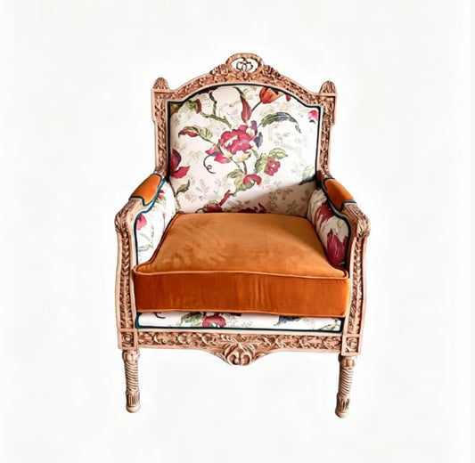 French Country High Back Accent Chair, Floral Upholstered Armchair with Carved Wood Frame and Orange Cushion, Vintage Style Living Room Lounge Chair for Bedroom, Vanity, Reading Corner, Office and Boutique Décor