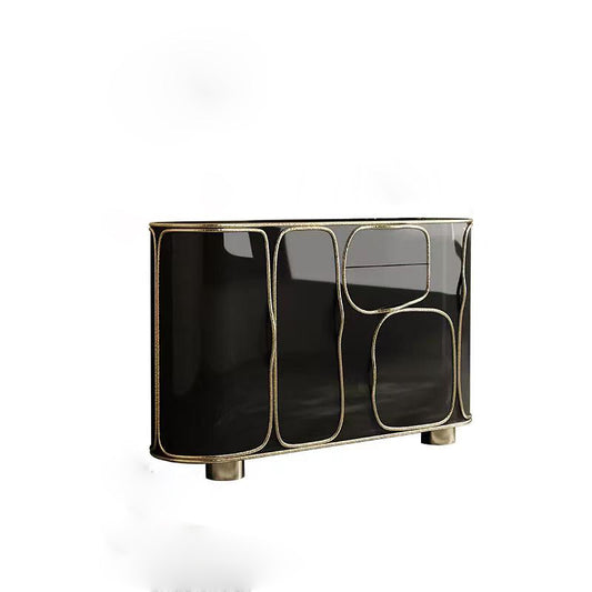 Black 4-Door Sideboard Cabinet with Gold Trim and Rounded Corners