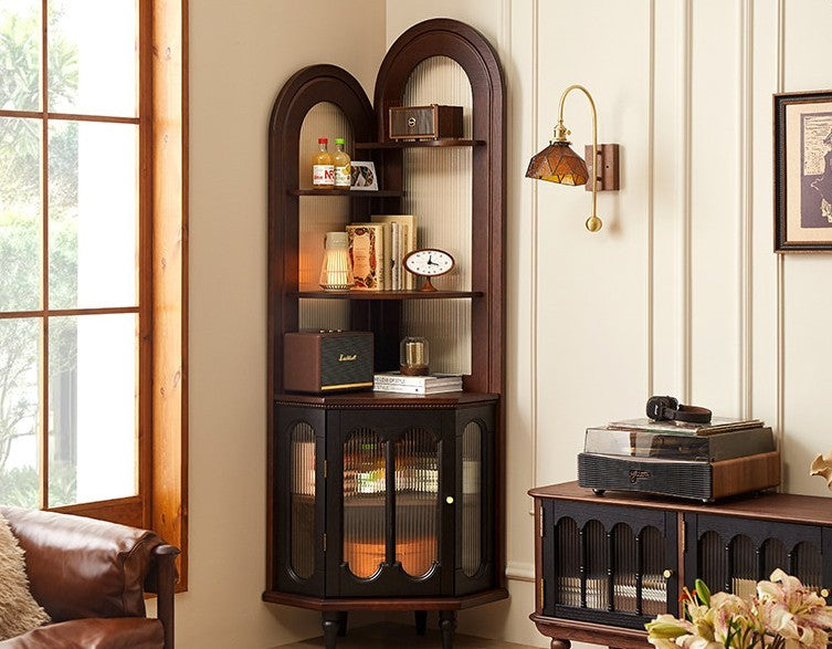 Dark Brown Solid Wood Corner Cabinet with Glass Doors and Open Shelves