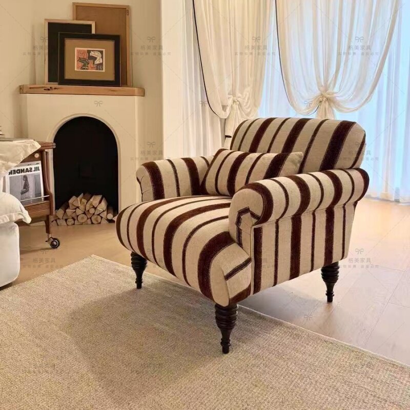 French Country Stripe Accent Chair, Linen Upholstered Tiger Chair with Solid Wood Frame, Vintage Lounge Armchair for Living Room, Bedroom &amp; Reading Nook
