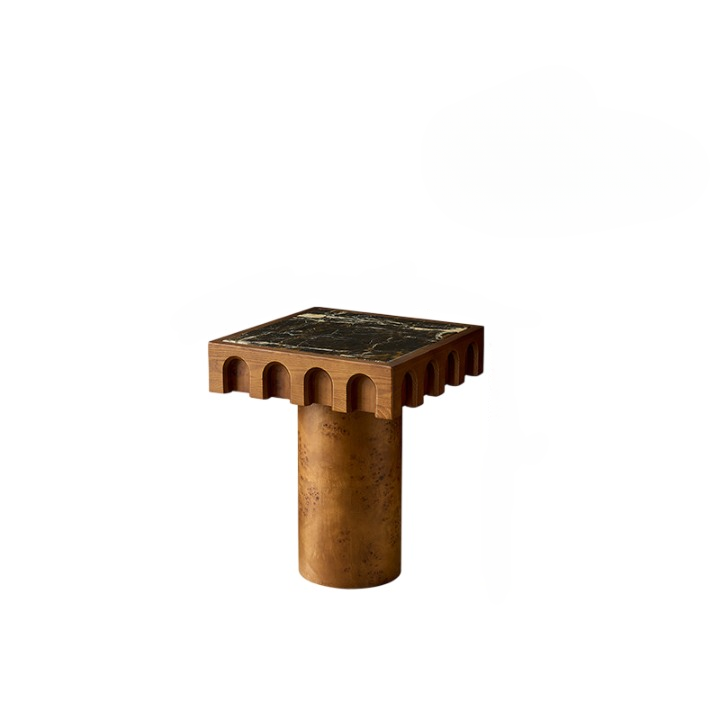 Brown Ash Wood Black Marble Pedestal Side Table for Living Room