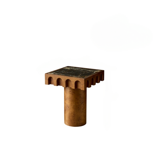 Brown Ash Wood Black Marble Pedestal Side Table for Living Room