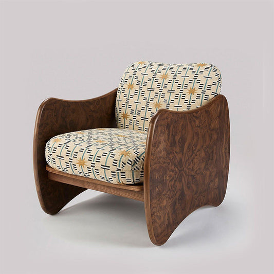 Modern Patterned Accent Chair, Solid Ash Wood Lounge Armchair with Beige Upholstered Cushions, Mid Century Style Single Sofa Chair for Living Room, Bedroom, Apartment, Hotel Lounge