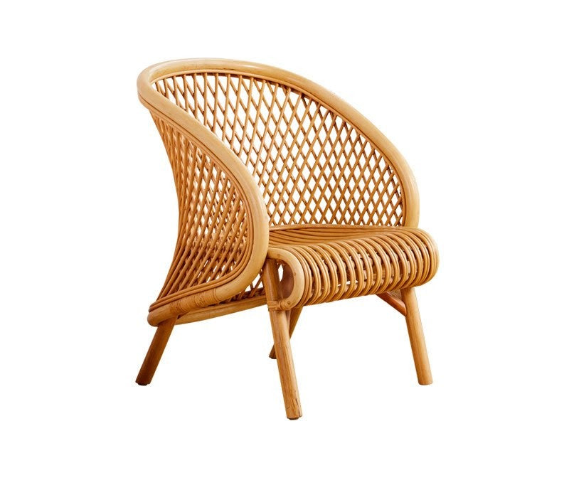 Natural Rattan Accent Chair and Side Table Set, Handwoven Wicker Lounge Chair with Curved Back and Round Glass Top End Table, Boho Indoor Seating Set for Balcony, Sunroom, Living Room, Bedroom and Tea Corner