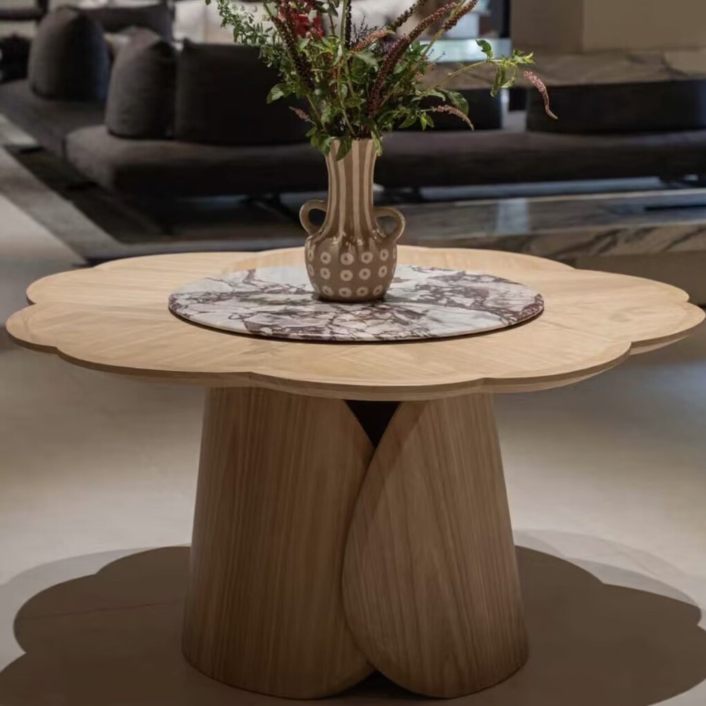 Flower Shaped Round Wood Dining Table, 43 Inch Cream Style Pedestal Kitchen Table with Marble Rotating Tray, Modern Minimalist Dining Table for Dining Room, Breakfast Nook, Apartment, Restaurant, and Home Kitchen