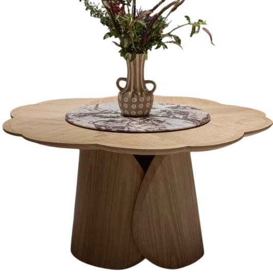 Flower Shaped Round Wood Dining Table, 43 Inch Cream Style Pedestal Kitchen Table with Marble Rotating Tray, Modern Minimalist Dining Table for Dining Room, Breakfast Nook, Apartment, Restaurant, and Home Kitchen