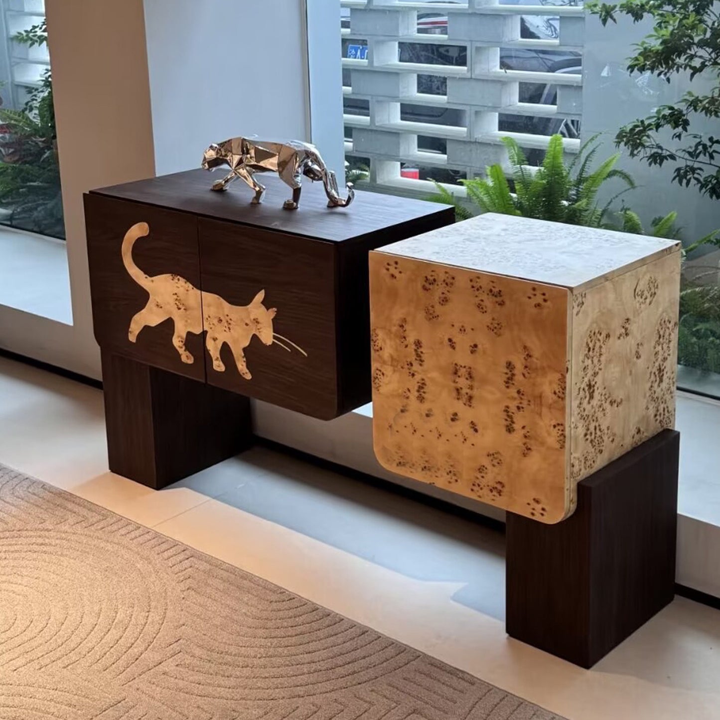Modern Cat Silhouette Sideboard Cabinet, Artistic Wood Buffet Storage Cabinet with Burl Wood Accent, Rounded Doors, Dining Room Credenza, Entryway Console Cabinet for Living Room, Hallway, Villa Decor