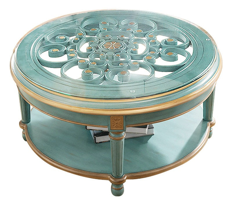 Round Solid Wood Coffee Table with Tempered Glass Top, Vintage Blue Carved Center Table, 39.4 Inch Rustic Living Room Tea Table