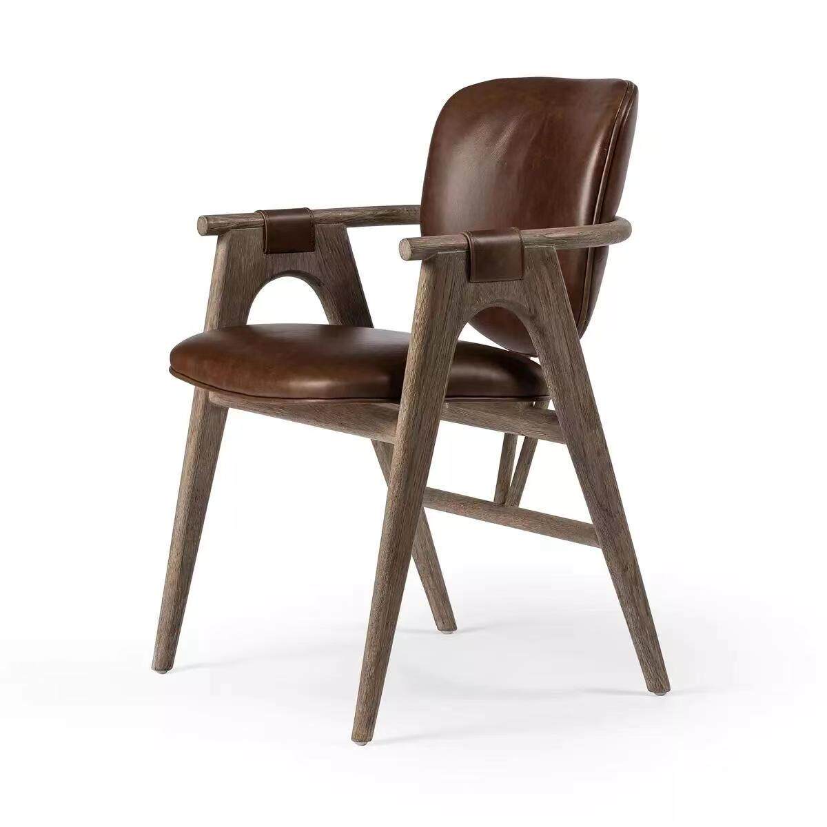 Upholstered Dining Chair with Arms, Solid Wood Frame Accent Chair, Brown Leather Dining Armchair with Curved Backrest, Modern Style Desk Chair for Dining Room, Restaurant, Hotel, Living Room