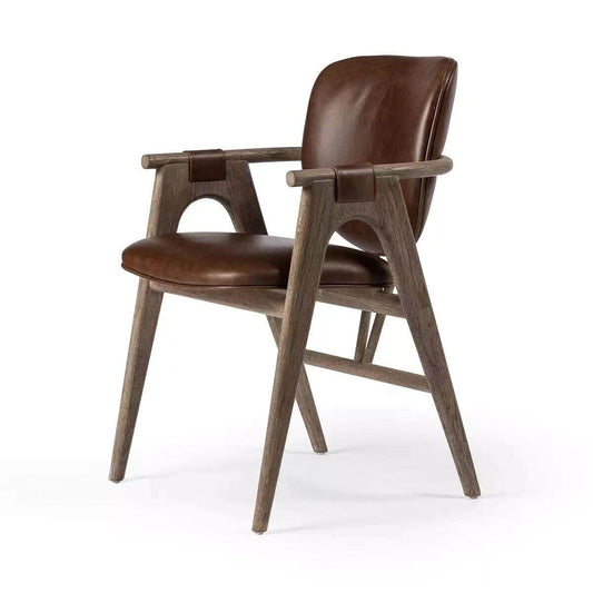 Upholstered Dining Chair with Arms, Solid Wood Frame Accent Chair, Brown Leather Dining Armchair with Curved Backrest, Modern Style Desk Chair for Dining Room, Restaurant, Hotel, Living Room