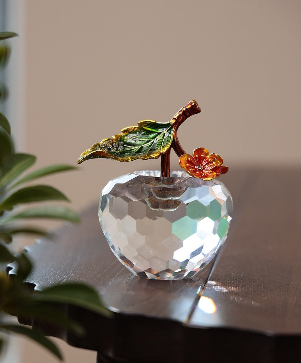 Crystal Apple Figurine with Enameled Leaf, Decorative Glass Paperweight