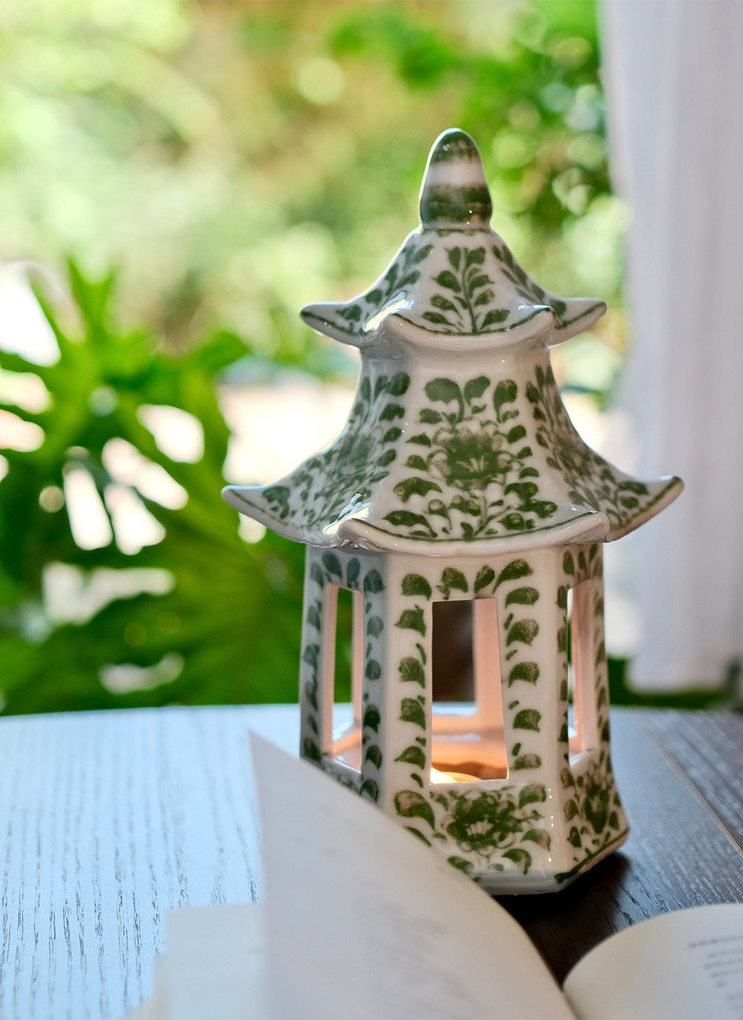 Green Floral Ceramic Pagoda Candle Holder, Decorative Tealight Lantern