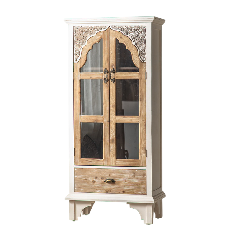 Ivory 2-Door Display Cabinet with Glass Panels, Drawer and Carved Floral Trim