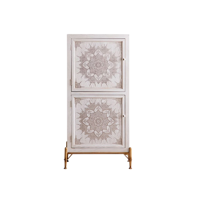 Tall White Carved Storage Cabinet, Mandala Accent Cabinet with Gold Legs, Cream 2 Door Entryway Cabinet, Narrow Sideboard, Living Room Cabinet, Dining Room Storage and Hallway Console