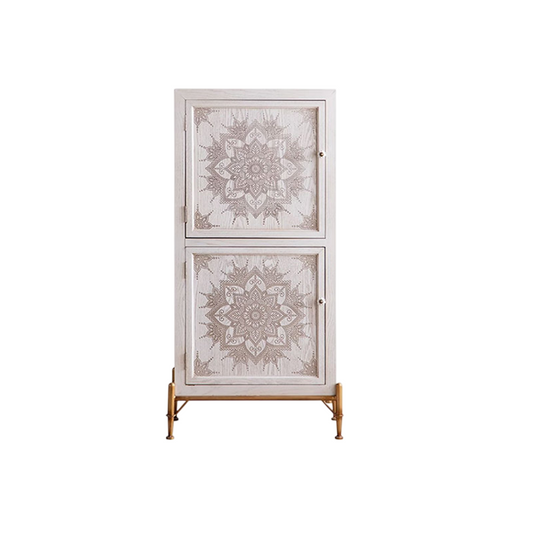 Tall White Carved Storage Cabinet, Mandala Accent Cabinet with Gold Legs, Cream 2 Door Entryway Cabinet, Narrow Sideboard, Living Room Cabinet, Dining Room Storage and Hallway Console