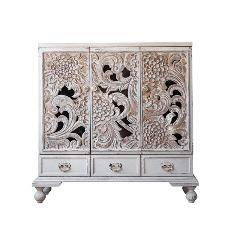 Distressed White Carved Wood Storage Cabinet with 3 Doors and 3 Drawers