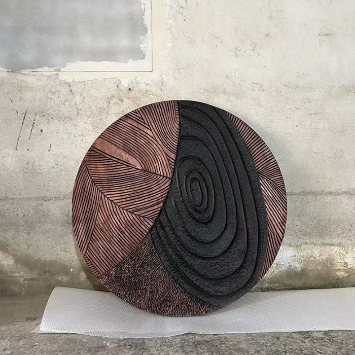 Round Carved Wood Wall Art, 3D Abstract Geometric Wall Sculpture, 39.4 Inch