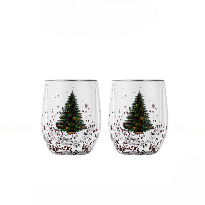 Christmas Double Wall Glass Coffee Mug Set of 2, 10 oz Insulated Clear Drinking Glasses with Christmas Tree Design for Coffee, Tea, Latte, Milk, Hot and Cold Beverages