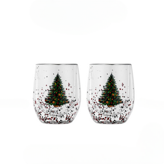 Christmas Double Wall Glass Coffee Mug Set of 2, 10 oz Insulated Clear Drinking Glasses with Christmas Tree Design for Coffee, Tea, Latte, Milk, Hot and Cold Beverages